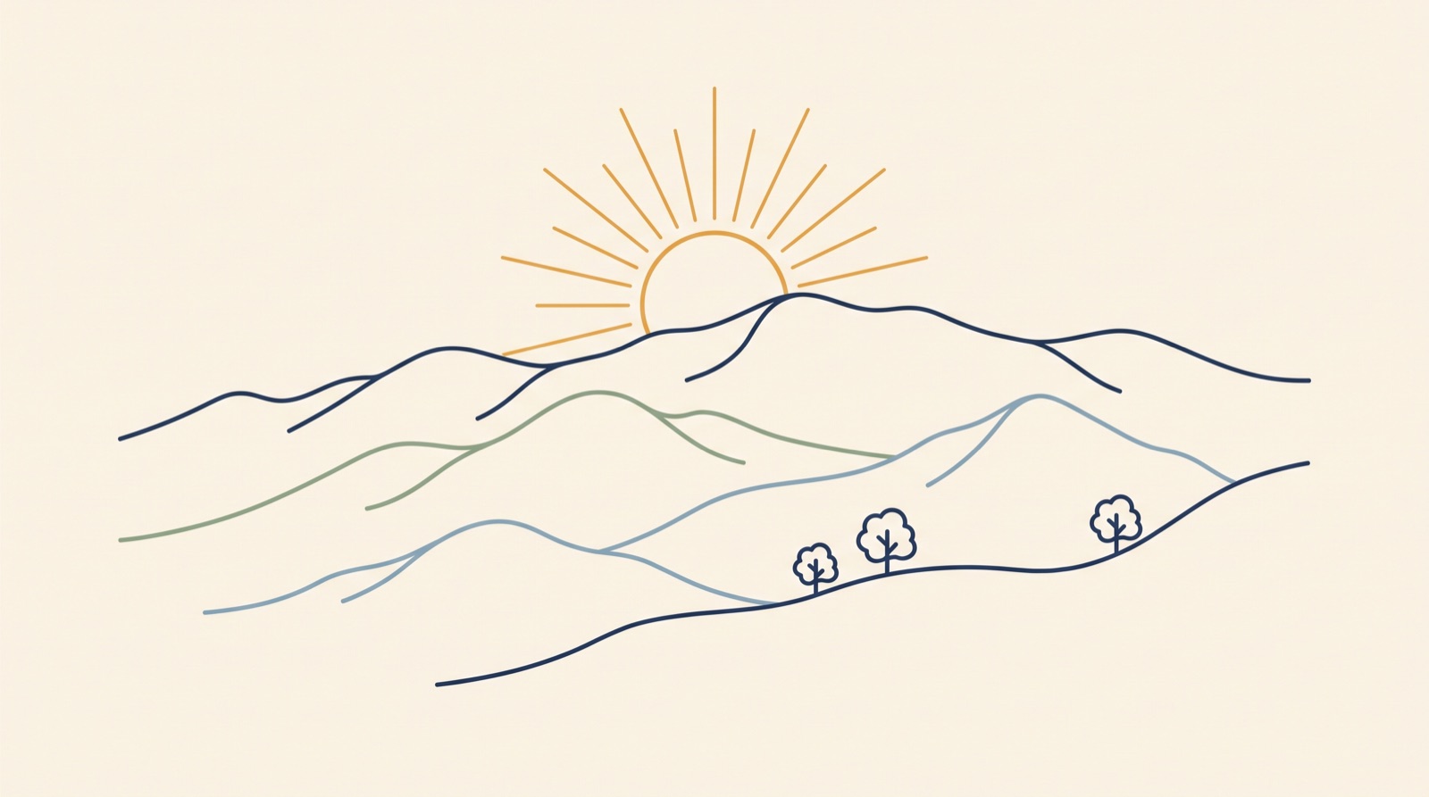 Line illustration of the San Gabriel Mountains above Pasadena: City Hall dome, the Colorado Street Bridge, and a rising sun